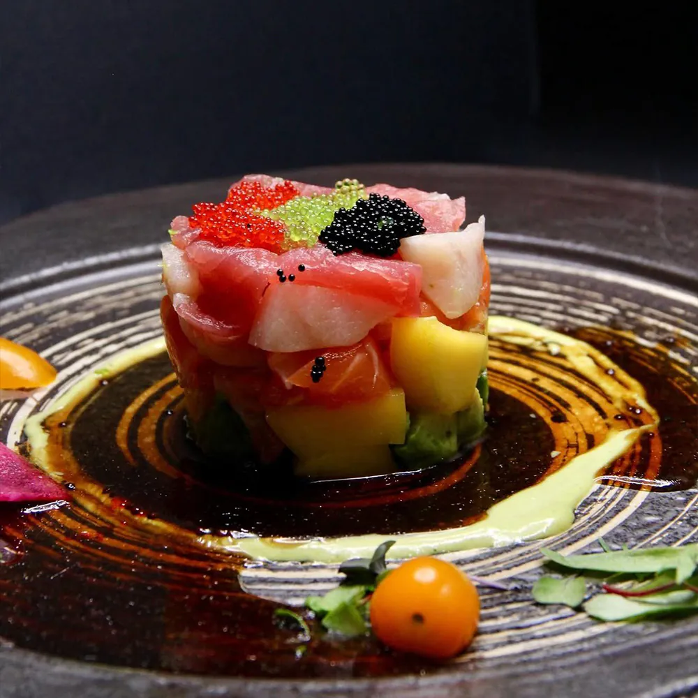 Salmon and Tuna Tartare Tower at Rakisuta Modern Sushi, Japanese Restaurant in Rockledge