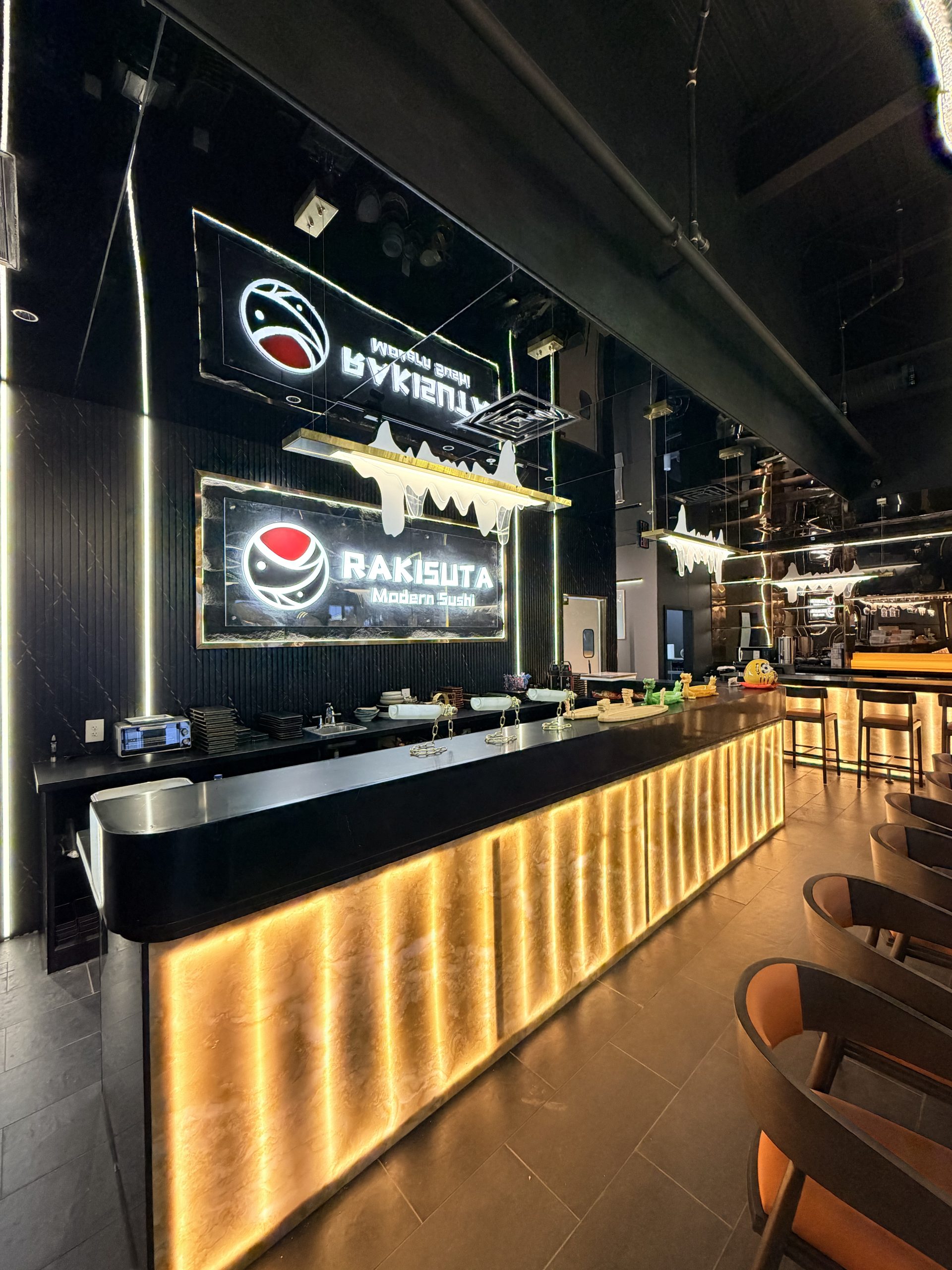 Stylish restaurant counter with glowing LED lights at Rakisuta Modern Sushi, Japanese Restaurant in Rockledge