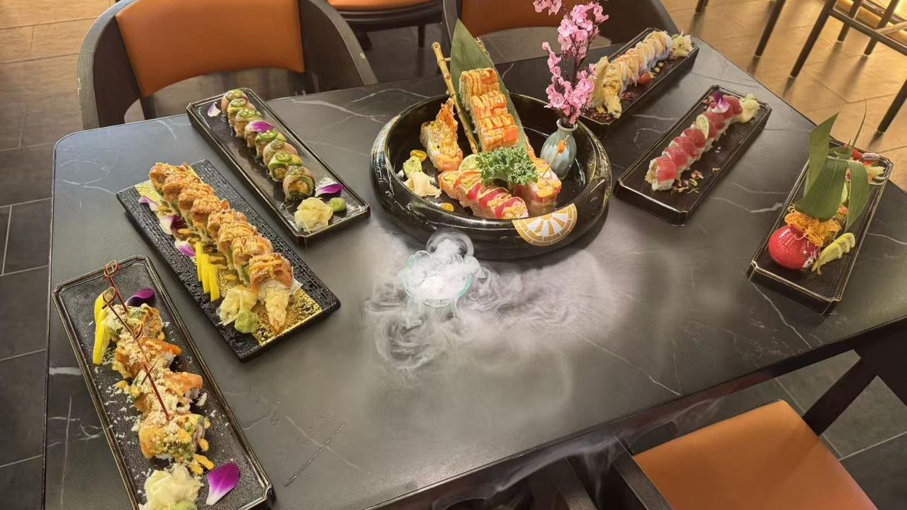 Assorted sushi platter with dry ice presentation at Rakisuta Modern Sushi, Japanese Restaurant in Rockledge