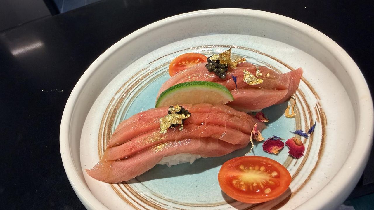 Premium tuna nigiri with gold leaf and caviar at Rakisuta Modern Sushi, Japanese Restaurant in Rockledge